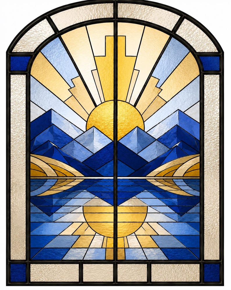 Art Deco stained glass mountain lake with sun reflection