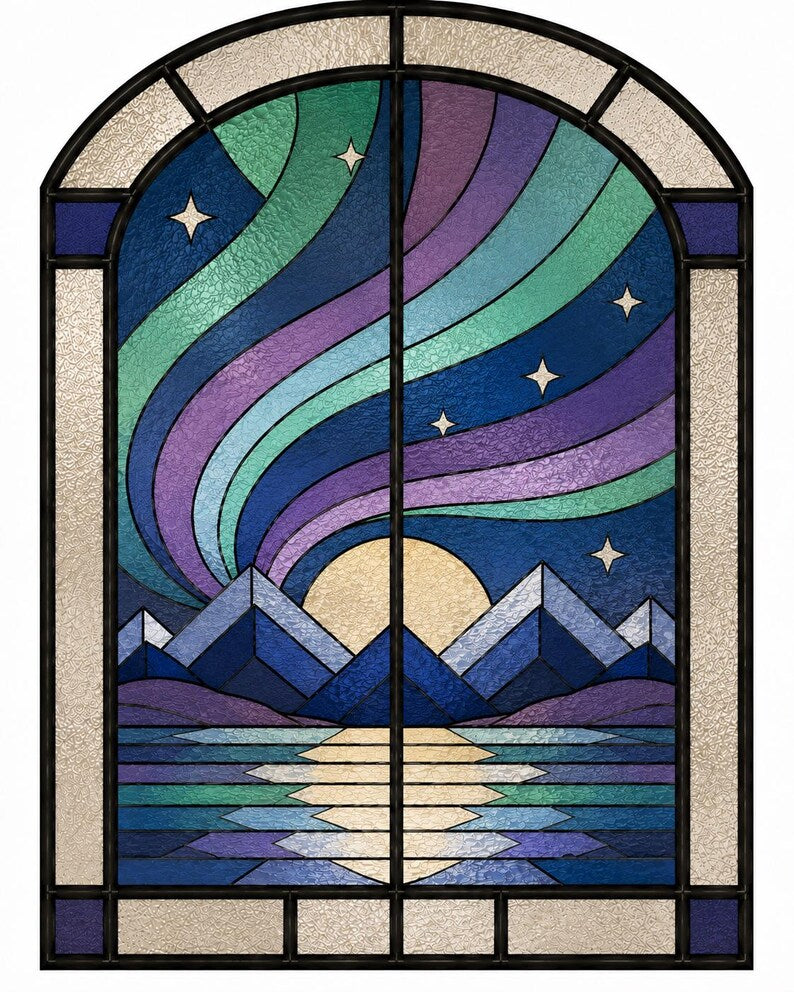 Art Deco stained glass moonrise with aurora borealis