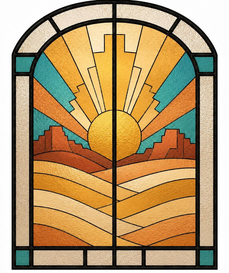 Art Deco stained glass desert landscape with golden sun