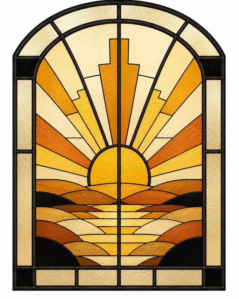 Art Deco stained glass sunset over hills in amber tones