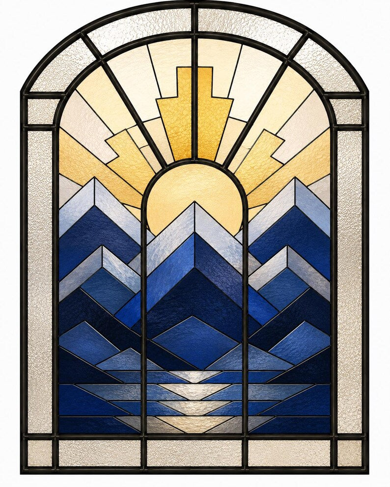 Art Deco stained glass blue mountain sunrise