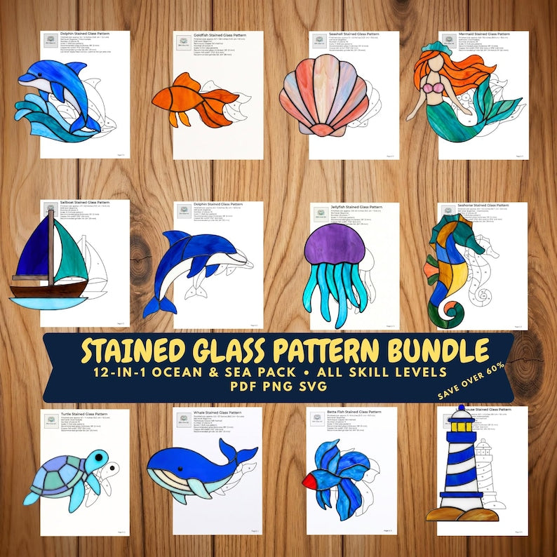 12 ocean stained glass patterns sea-life suncatcher bundle
