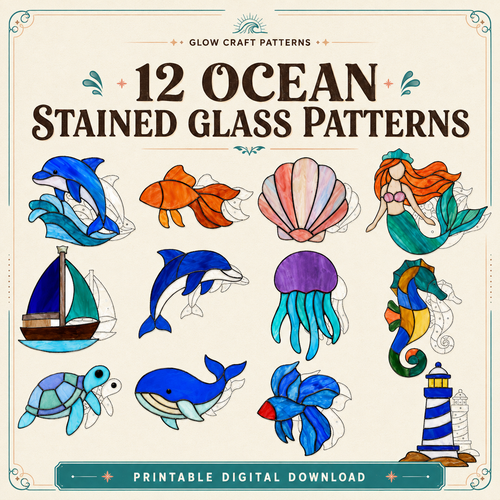 Ocean stained glass pattern bundle – 12 printable digital designs