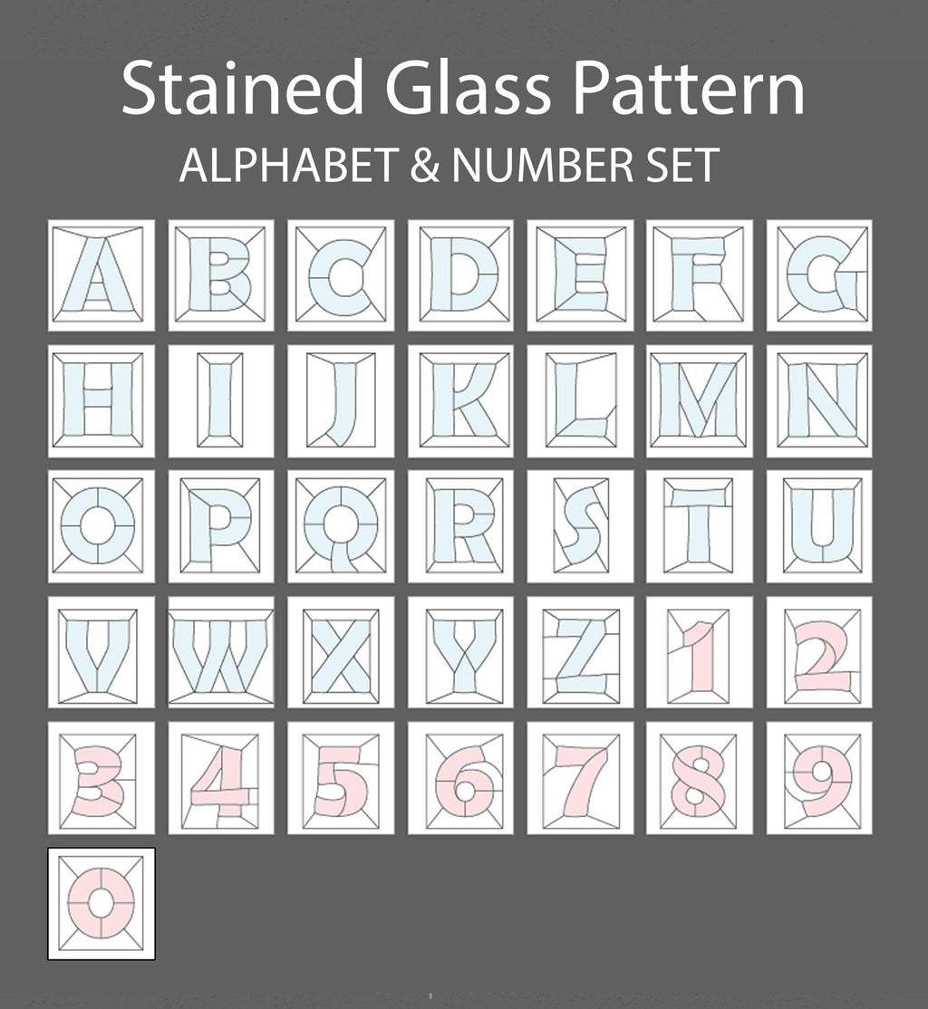 Stained glass alphabet and number pattern set A to Z and 0 to 9