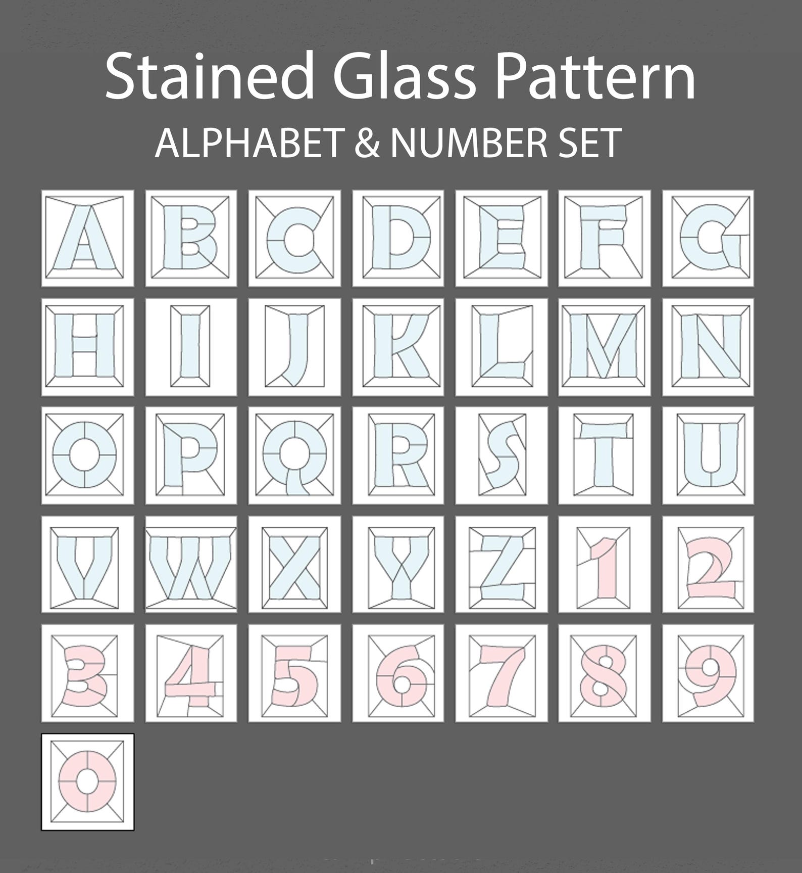 Stained glass alphabet and number pattern set A to Z and 0 to 9