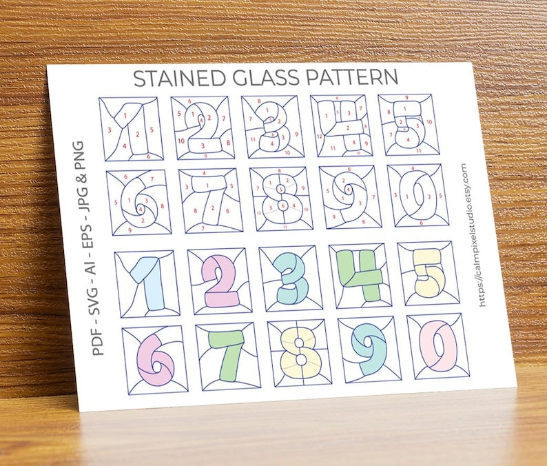 Printable stained glass number patterns from 0 to 9