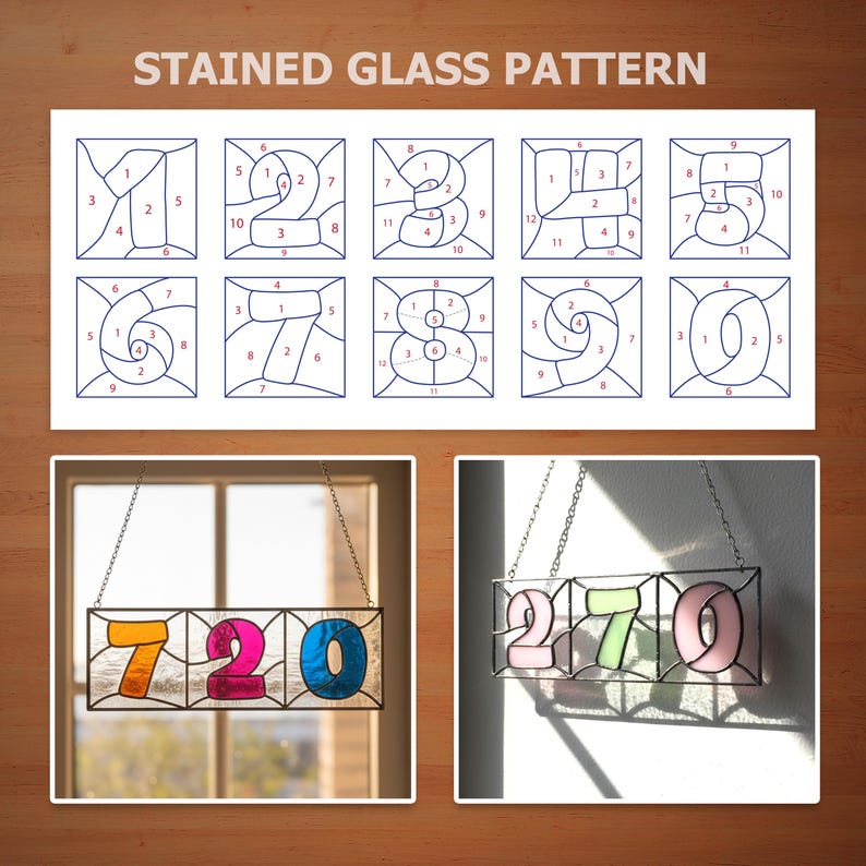 Stained glass numbers pattern set 0 to 9 with finished house number signs